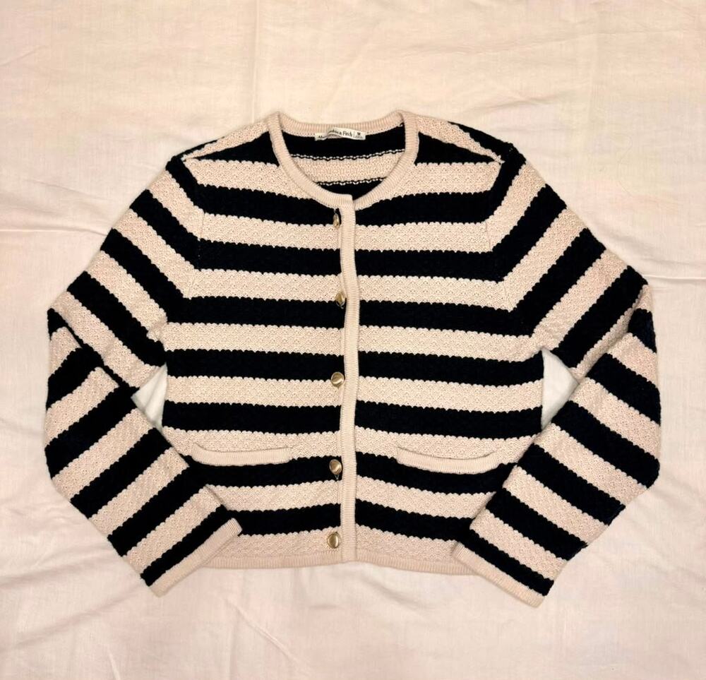 Abercrombie & Fitch Textural Striped Cardigan Sweater Gold Button Medium